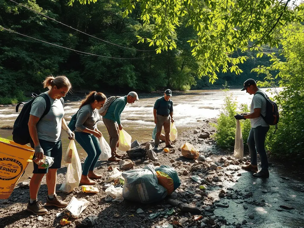 Volunteers cleaning up a local hunting area, collecting trash and debris to maintain the natural beauty of the environment.