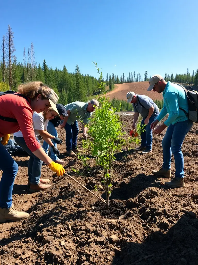 Volunteers planting trees as part of a reforestation project, highlighting the organization's commitment to environmental stewardship and habitat restoration.