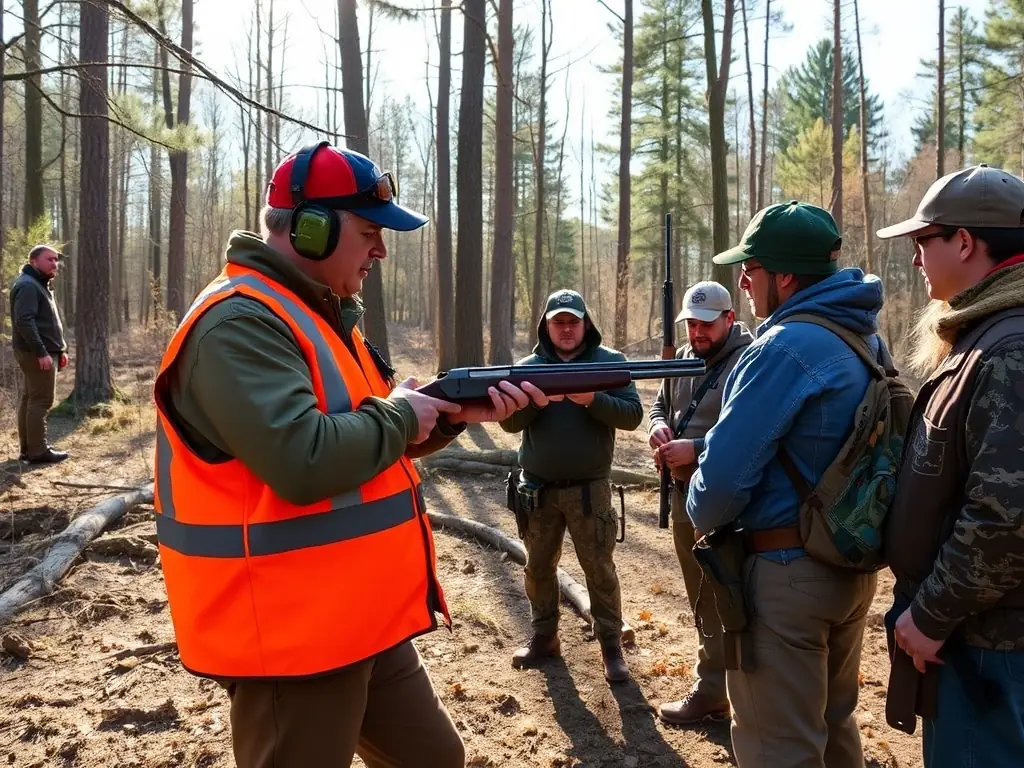 A group of hunters participating in a safety training session in a forest setting, emphasizing the importance of safe gun handling and awareness.