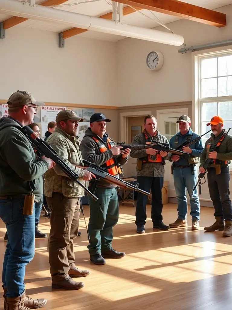 Members of the hunting association conducting a safety training session, demonstrating proper firearm handling and adherence to safety regulations.
