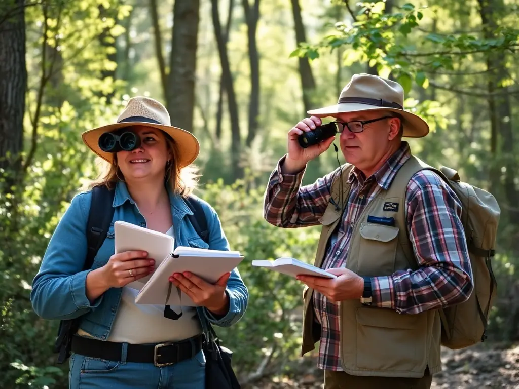 A photograph depicting a group of hunters participating in a wildlife census, carefully observing and recording data in a natural habitat, emphasizing responsible hunting and wildlife management.