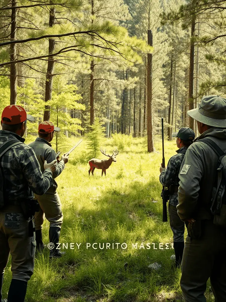 A group of hunters participating in a wildlife census, carefully observing and recording data in a natural habitat, emphasizing responsible hunting and conservation efforts.