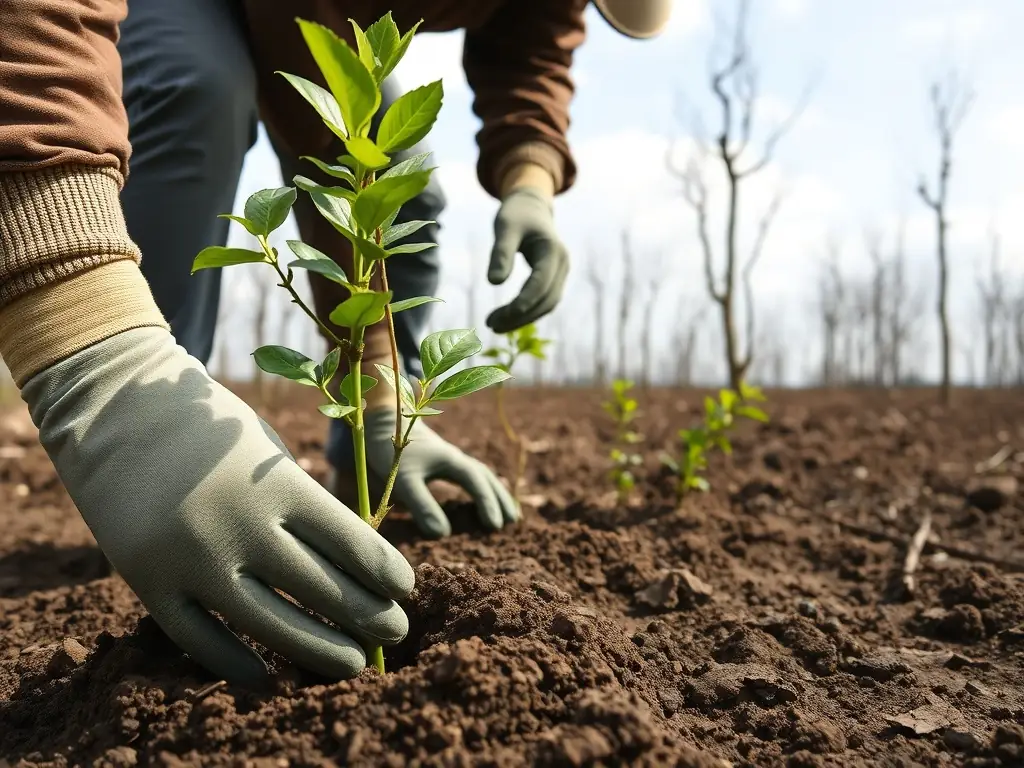 A photograph showing volunteers planting trees and restoring a degraded forest area, highlighting the organization's commitment to habitat conservation and environmental stewardship.