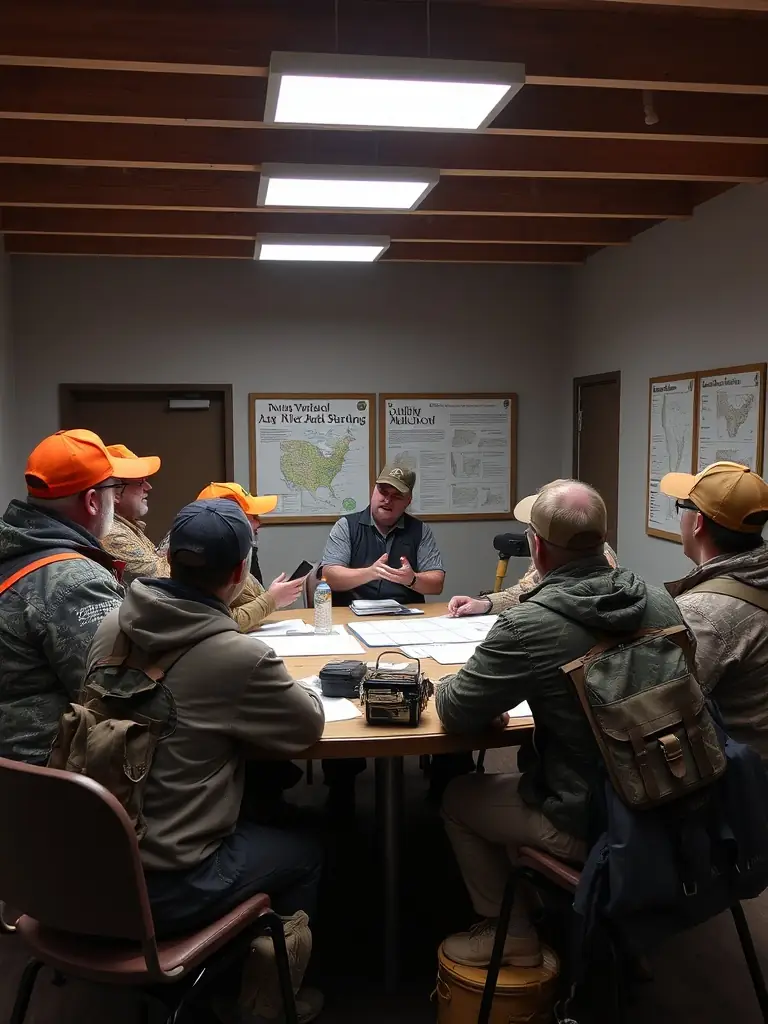 A group of hunters participating in a wildlife management workshop, focusing on sustainable hunting practices and conservation efforts in a natural setting.