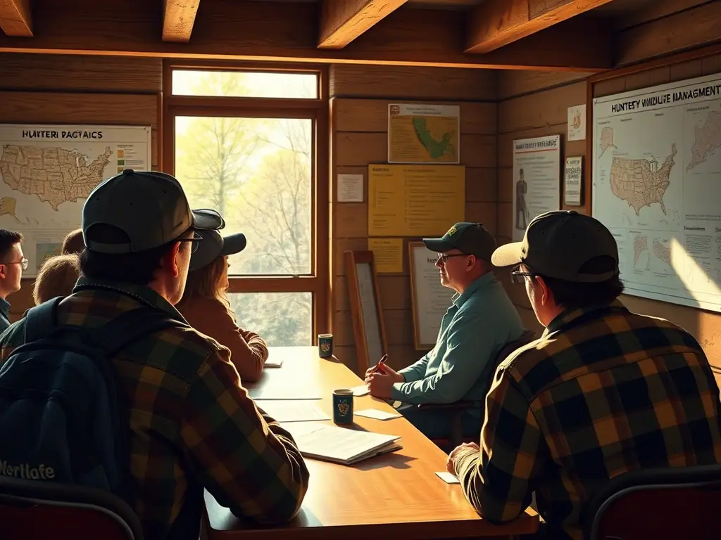 A photograph of a classroom setting where experienced hunters are teaching young people about hunting safety, ethics, and wildlife conservation, promoting responsible hunting practices.