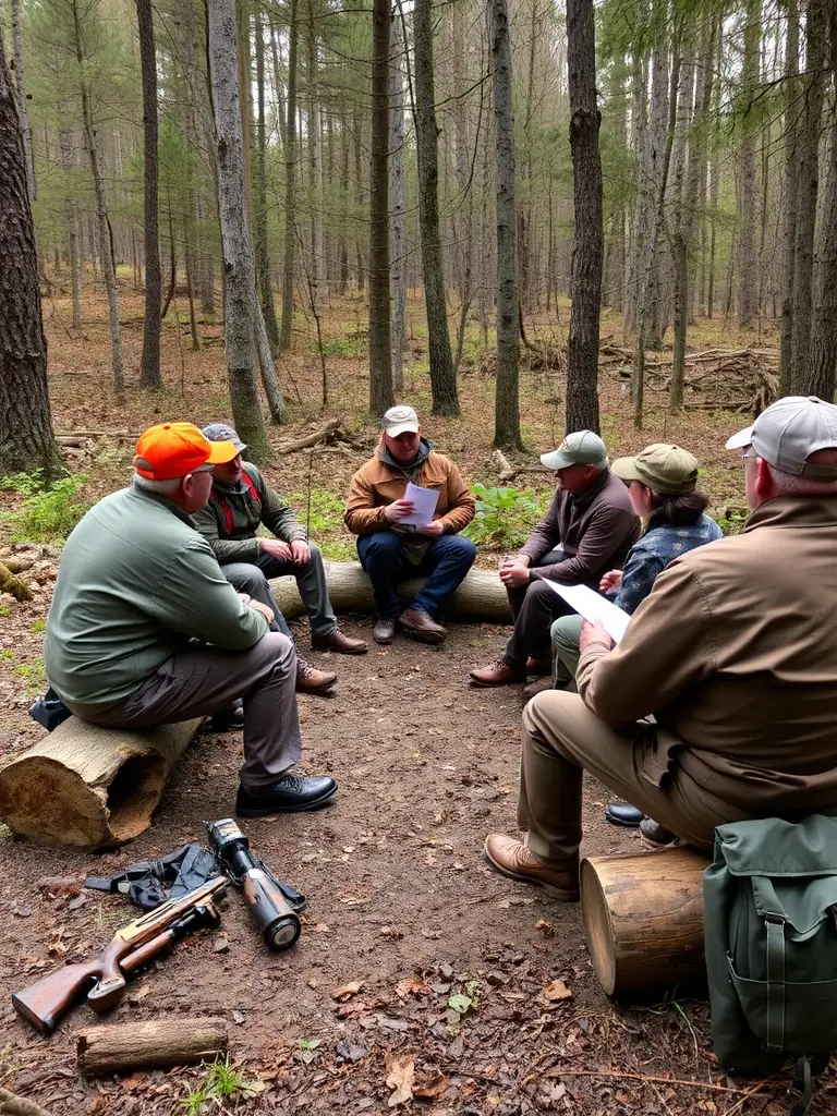 A group of young people learning about hunting safety and ethics from experienced hunters, emphasizing responsible hunting practices.
