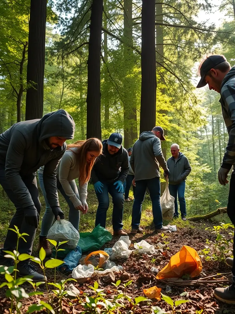 Volunteers cleaning up a forest area, removing litter and debris to improve the habitat for local wildlife, showcasing environmental stewardship.